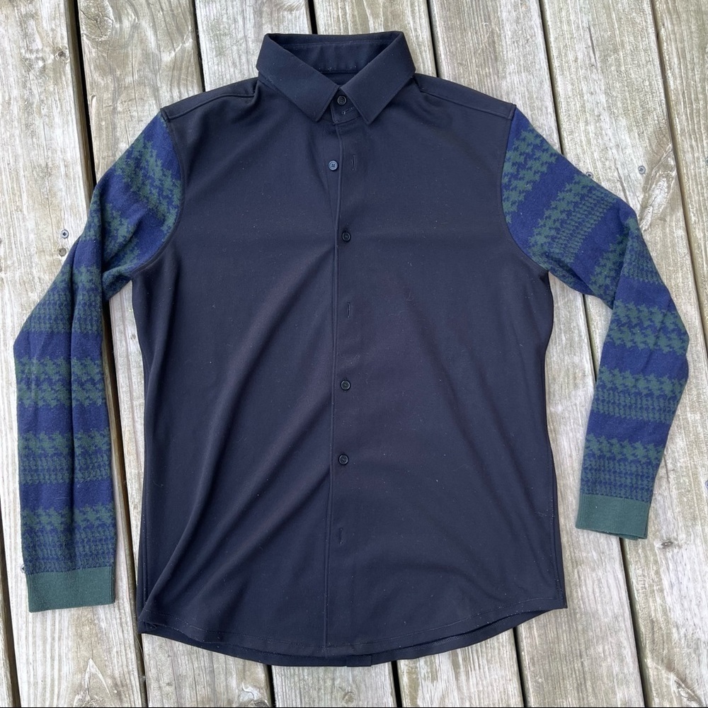 ** Trendiano Black Button Up Sweater Navy Green Sleeve Collared Large - Picture 1 of 11